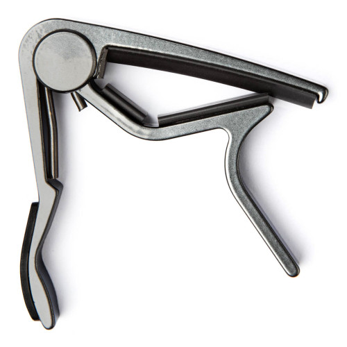 Изображение универсального каподастра Dunlop 83CS Trigger Capo Acoustic Curved Smoked Chrome – Front Side View|Leader Promusic